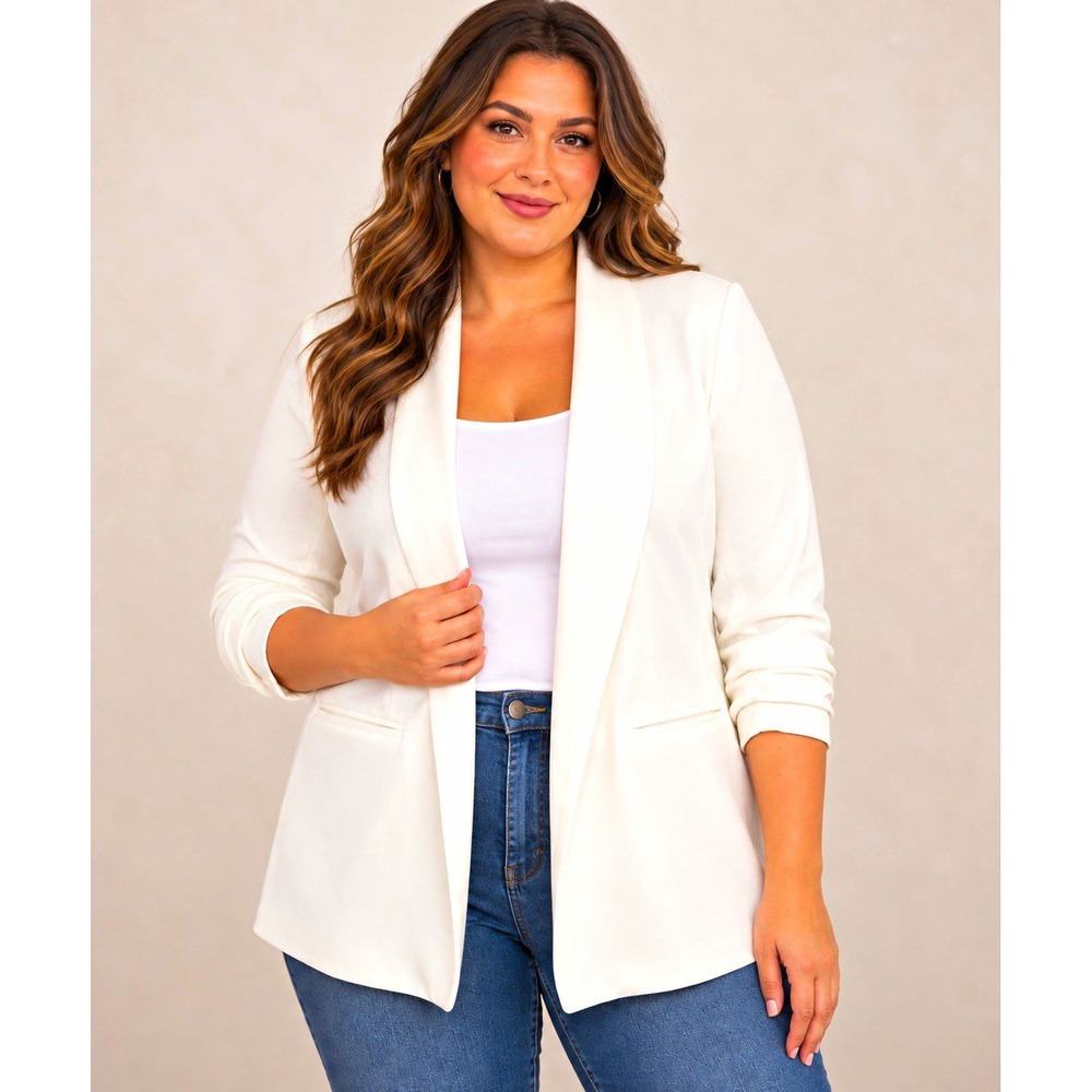 Dakota Blue Women's Blazer XL White Open Front Ruched Sleeves Lined Stretch